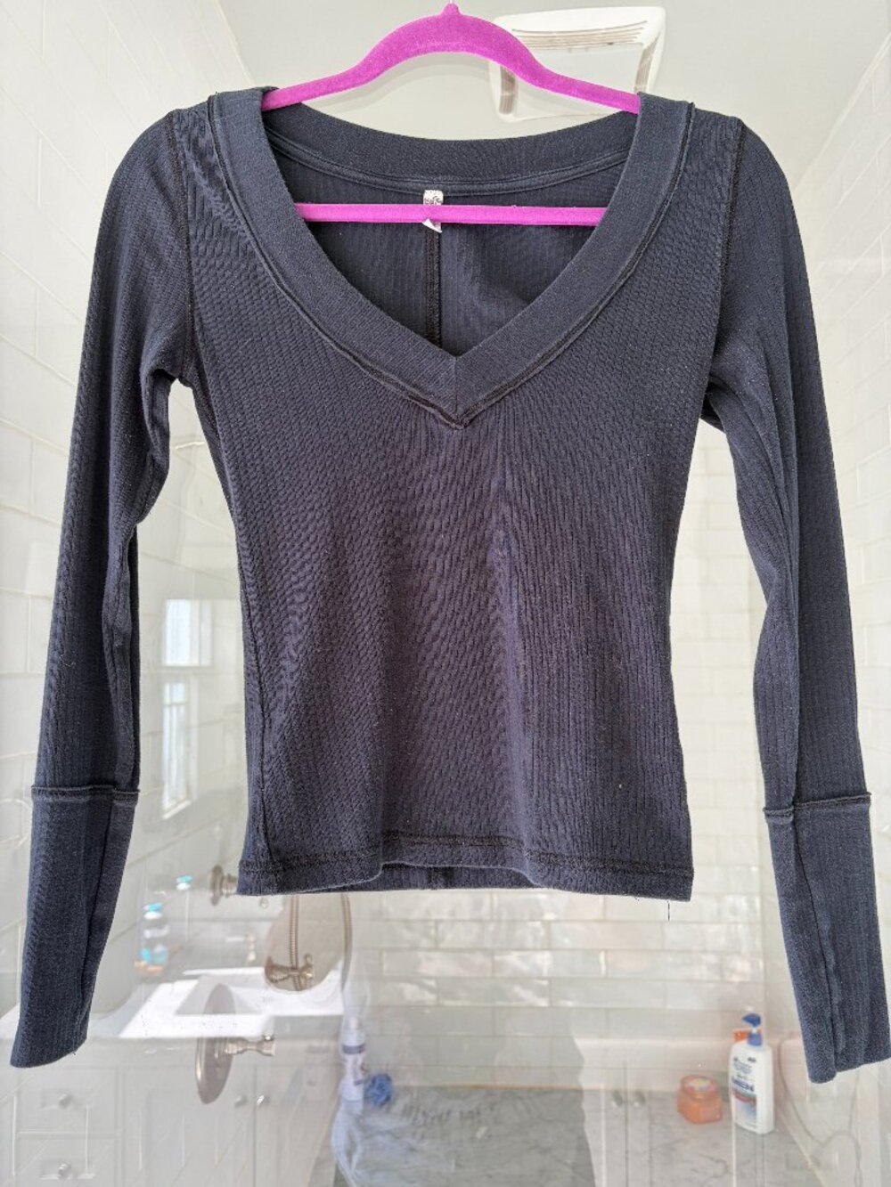 Free People Black Long Sleeve Ribbed V-Neck